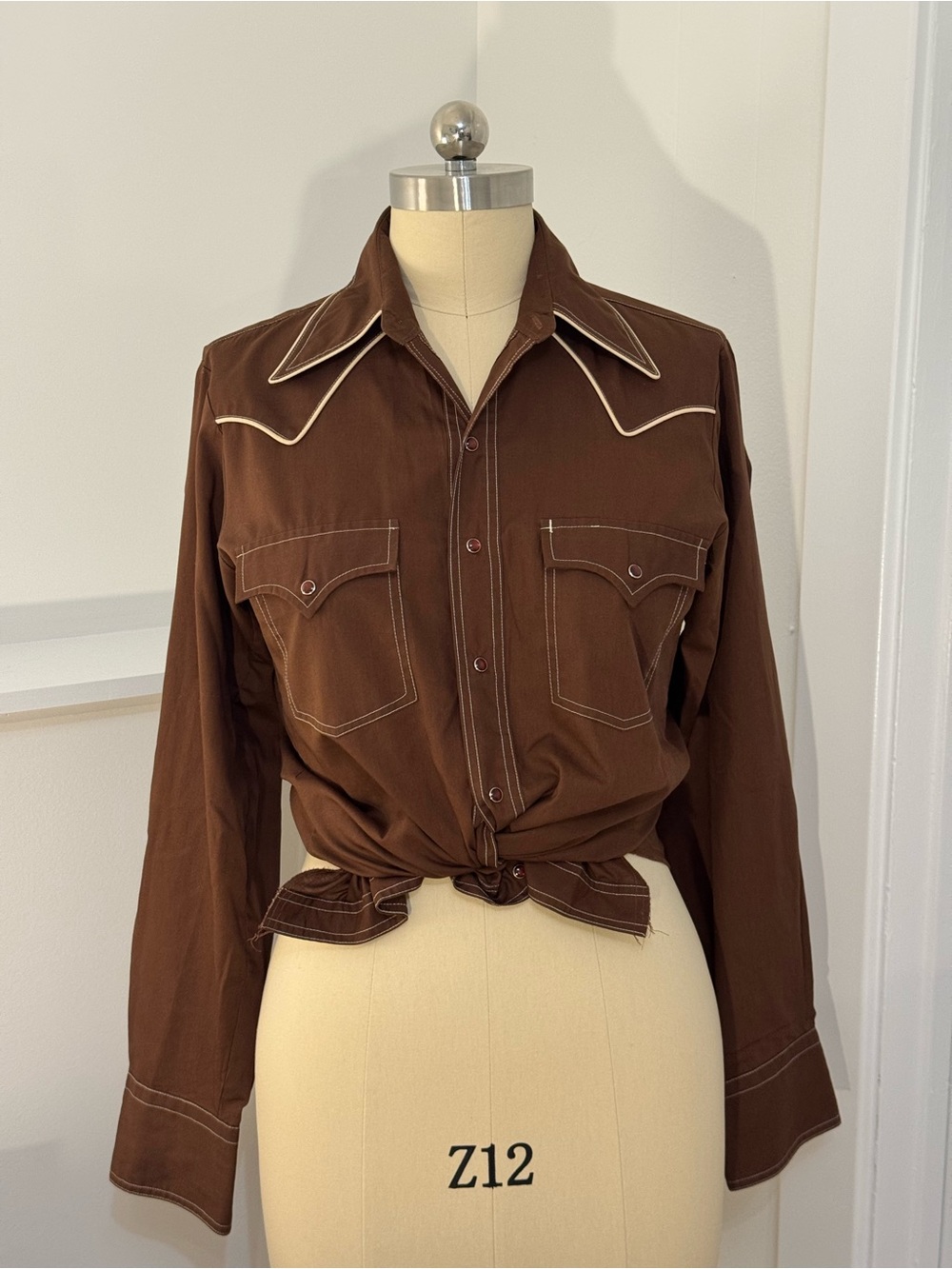 Brown Western Pearl Snap Shirt with Cream Stitching